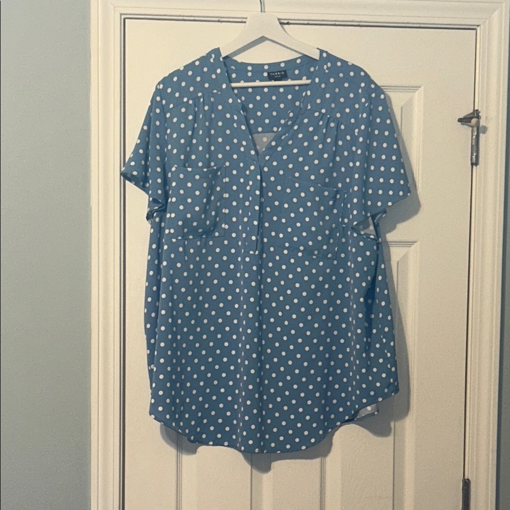 Torrid Blue and White Polka Dot Blouse